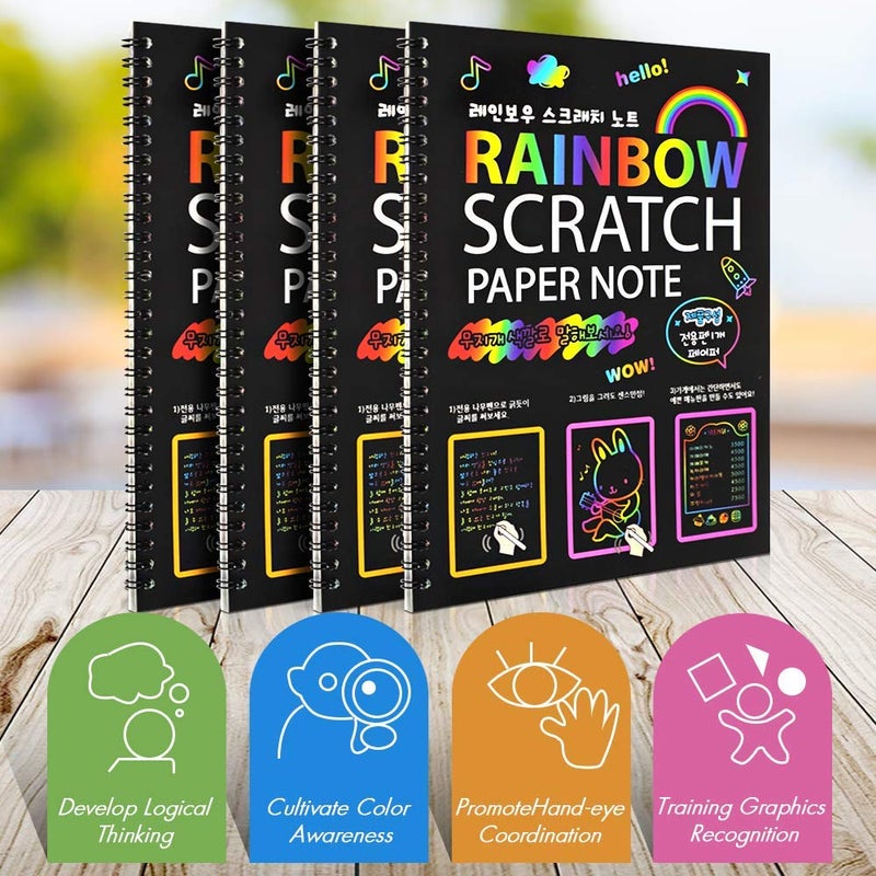 Kitoyz 4 Pack Scratch Arts Drawing Notebook for Kids Drawing Pad, Large Rainbow Scratch Drawing Paper Set for Kids Art Supplies (with 4 Wooden Stylus & 4 Drawing Stencils - Image 4